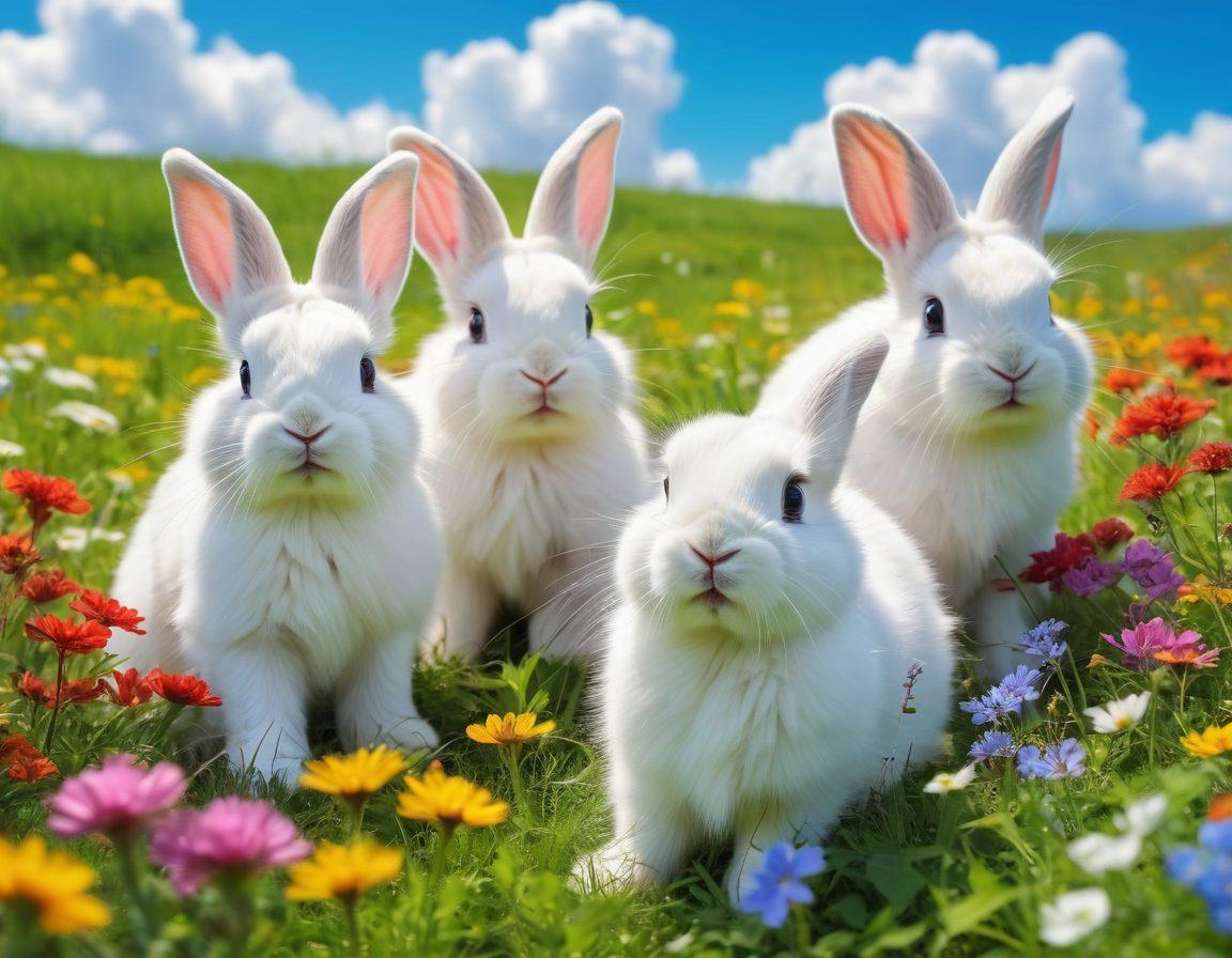 A whimsical scene featuring a group of playful bunnies frolicking in a lush green meadow adorned with colorful wildflowers. Each bunny exhibits unique characteristics, such as fluffy fur, big expressive eyes, and cheerful postures, creating a harmonious atmosphere of joy and friendship. In the background, a bright blue sky with fluffy white clouds adds to the cheerful ambiance. The colors should be vibrant and engaging, capturing the essence of fun and companionship. digital illustration. vibrant colors. playful style.