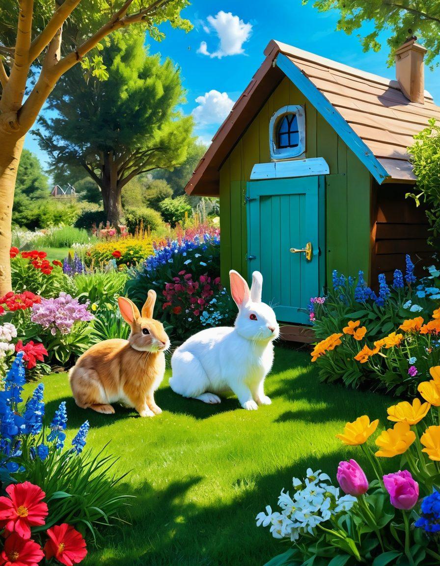 A whimsical scene featuring a variety of exotic rabbit breeds, playfully hopping in a lush green garden filled with colorful flowers. Each rabbit exhibits distinctive traits, like fluffy fur, unique patterns, and playful expressions. In the background, a bright blue sky and a cozy rabbit hutch add to the cheerful ambiance. Soft sunlight filters through the trees, creating a warm and inviting atmosphere. vibrant colors. painting.